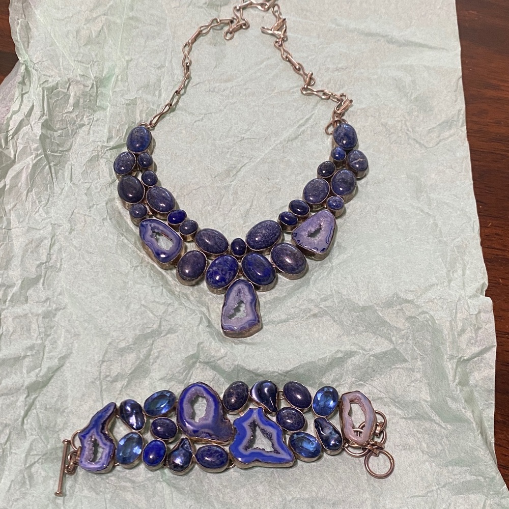 Statement Blue Geode Necklace and Bracelet Set